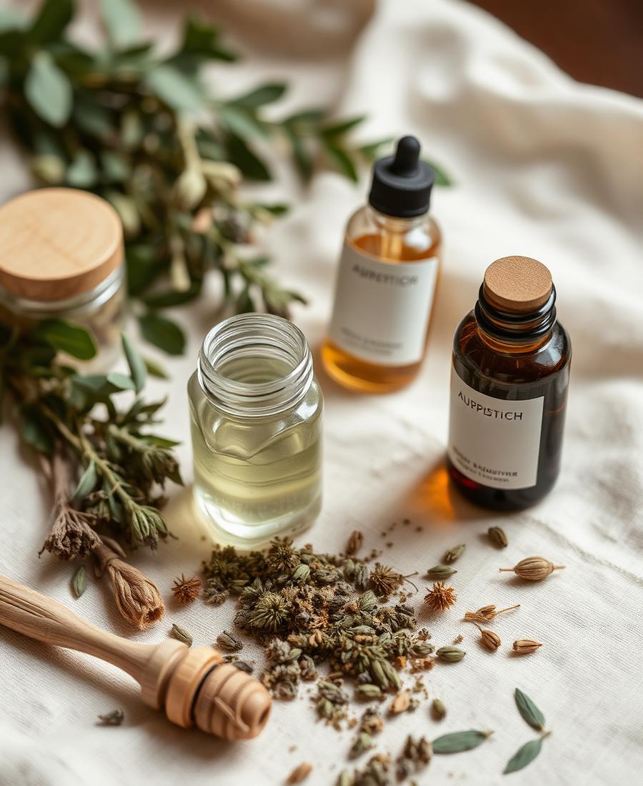 Herbal tinctures and dried botanicals on linen