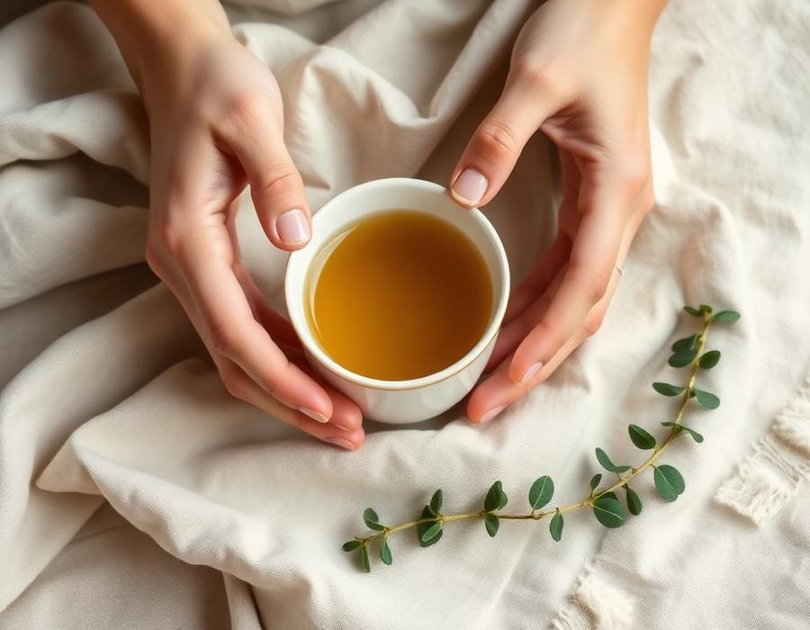 Hands holding a cup of herbal tea beside a sprig of greenery